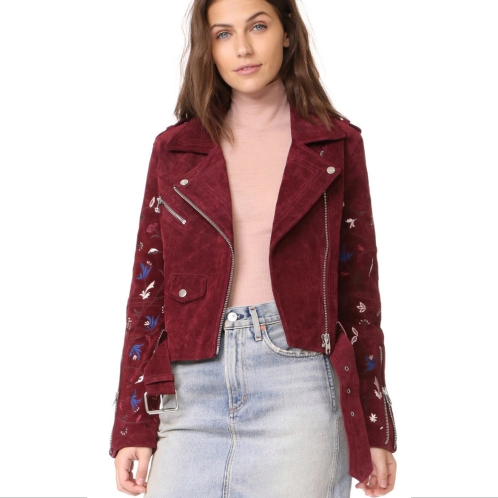 Driftwood Burgundy Suede Embroidered Moto Jacket